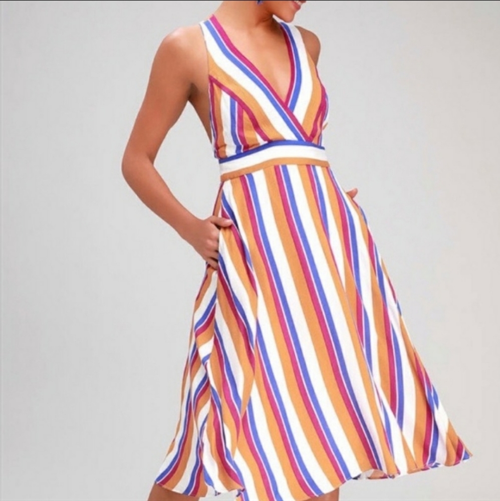 Lulu's My Passions White and Orange Multi Stripe Halter Midi Dress Size XS